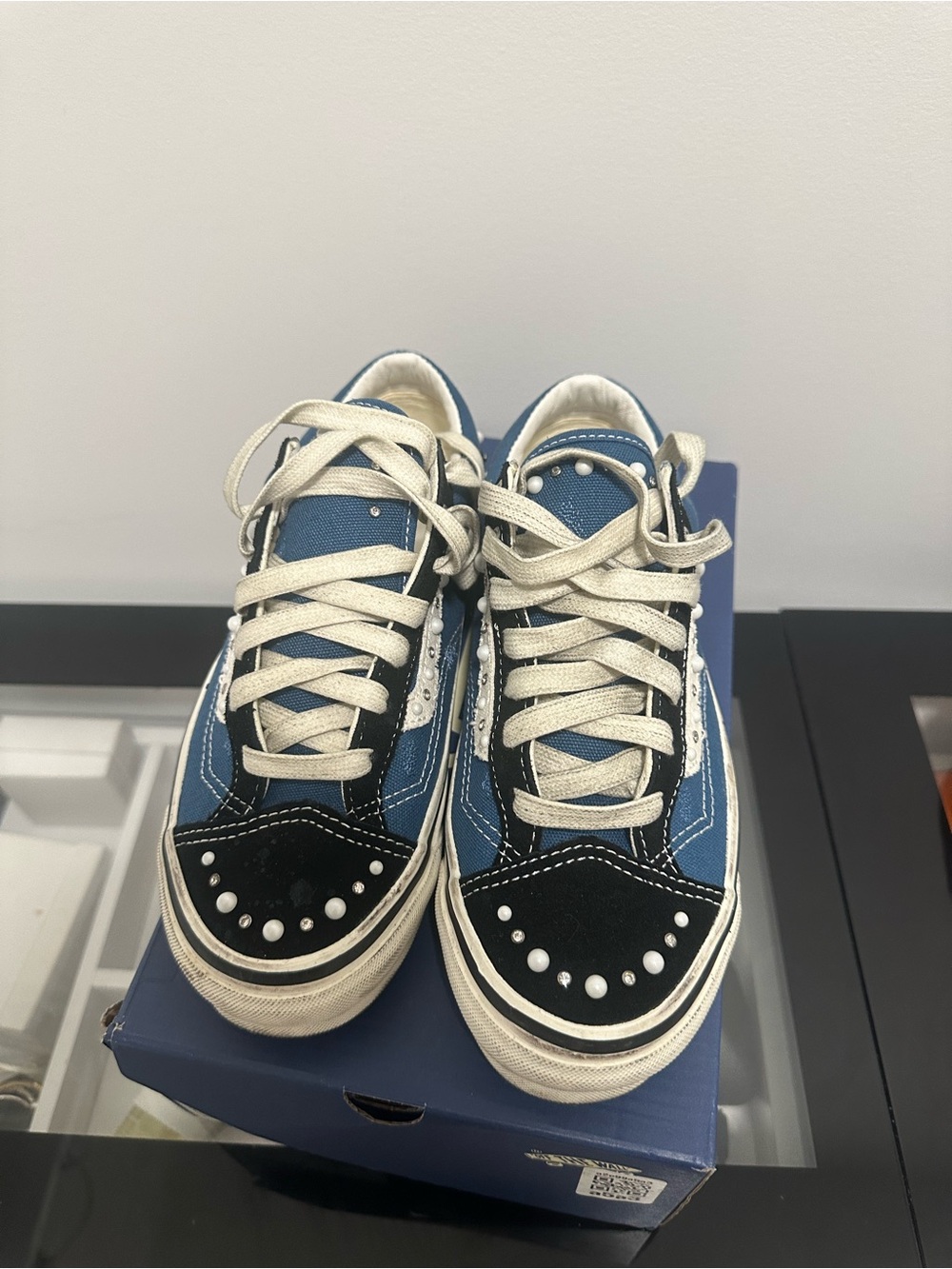 Vans Blue and Black Kids Sneakers with Pearl Stud Accents
